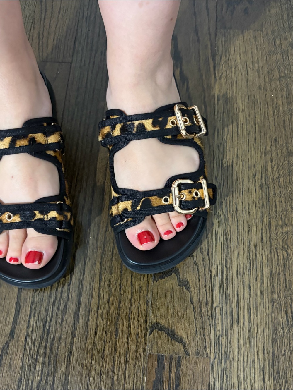 Zara Leopard Print Double-Buckle Sandals - Black & Tan